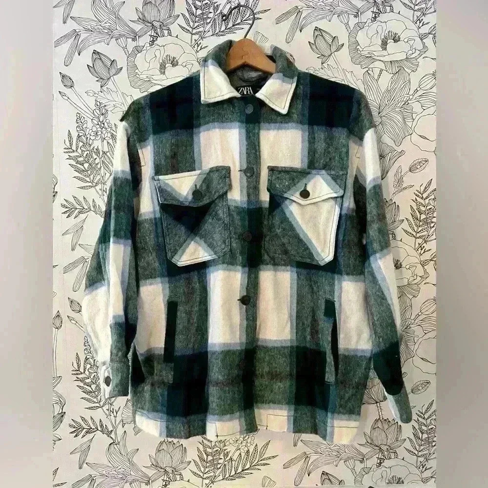 ZARA Green and White Flannel Shacket, Jacket Size XS